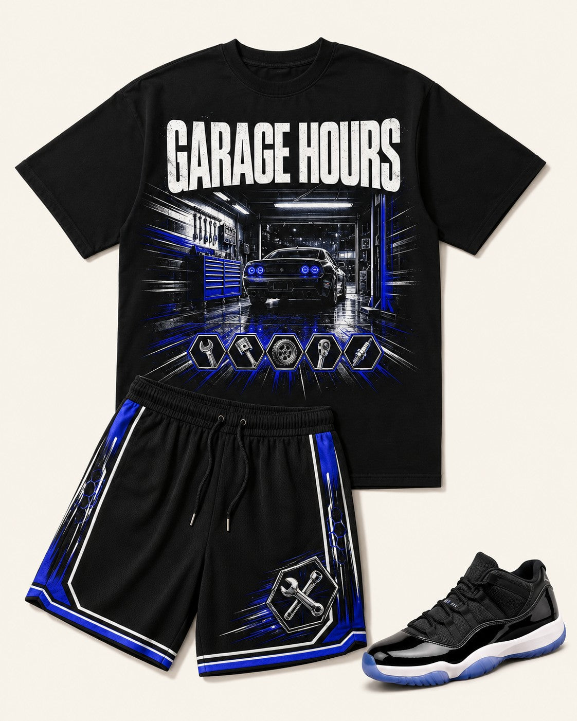Black/Blue Short Set, front